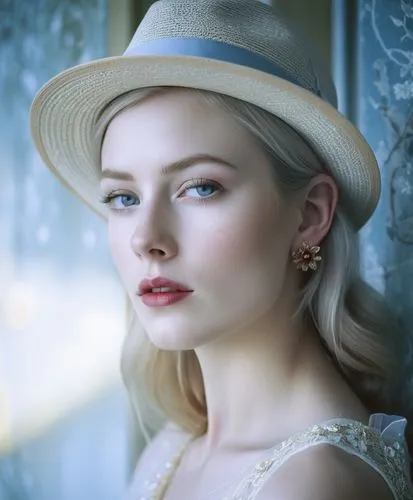 Close-up portrait of a young woman with striking features, displaying a thoughtful or introspective expression. Her face is highlighted by bright blue eyes, red lipstick, and delicate freckles dusting