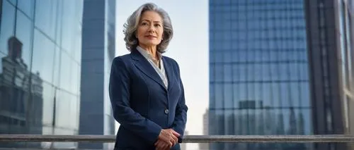 Middle-aged, mature lady, professional attire, standing, confident pose, cityscape background, skyscraper, modern architecture, glass windows, steel frames, concrete columns, busy streets, morning lig