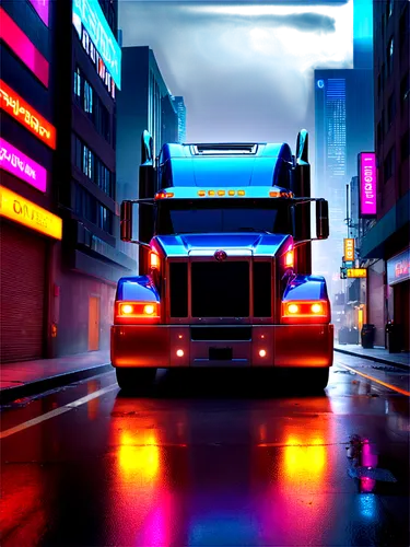 Large truck, metallic body, chrome wheels, headlights, fog lights, side mirrors, cargo bed, rearview camera, license plate, shiny paint job, reflective surface, low-angle shot, dramatic lighting, cine