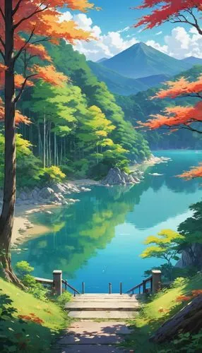 landscape background,nature background,forest lake,autumn background,lake,lake tanuki,Illustration,Japanese style,Japanese Style 03