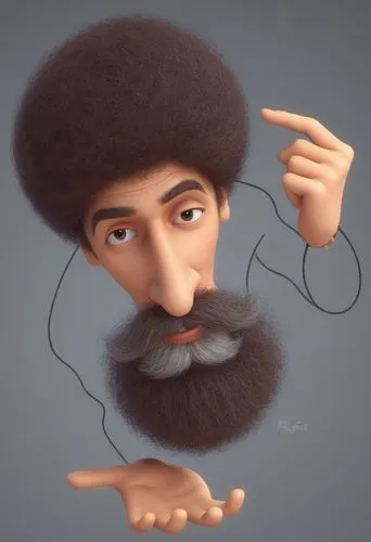 caricatura de Raul Seixas, com bigode e barba ,a close up of a face and a hand,serj,marouf,afroyim,belkacem,rubashkin,mohammedmian,Unique,3D,3D Character