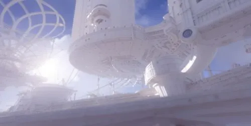 there is a po taken of a building in motion,thatgamecompany,white temple,arcology,fractal environment,biosphere,unbuilt,skyreach,airships,megastructures,syberia,sky space concept,primosphere,parnassus