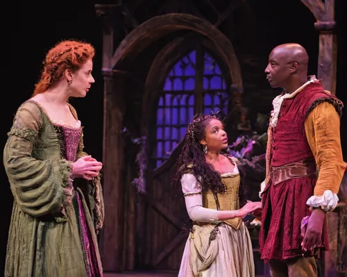 Omozé Idehenre as Hermione, Margo Hall as Paulina, and L. Peter Callender as Leontes in Cal Shakes' A Winter's Tale by William Shakespeare, directed by Patricia McGregor; photo by Kevin Berne.William 