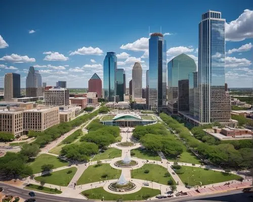 Dallas cityscape, Texan architecture, sunny day, blue sky with few white clouds, skyscrapers, glass buildings, modern city life, busy streets, pedestrians walking, cars driving by, cowboy hat, boots, 