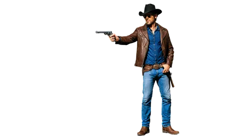 Cowboy, rugged masculine face, strong jawline, piercing blue eyes, messy brown hair, cowboy hat, sunglasses, leather jacket, denim jeans, boots with spurs, holster on waist, holding a revolver, standi