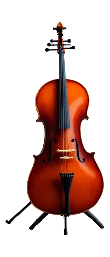 Brown wooden cello, shiny surface, intricate carvings, four strings, tuning pegs, F-holes, music stand, solo, beautiful lighting, warm color tone, cinematic composition, shallow depth of field, 3/4 vi