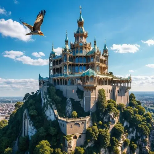 fairy tale castle,fairytale castle,bird kingdom,gold castle,elves flight,castle of the corvin,Photography,General,Realistic