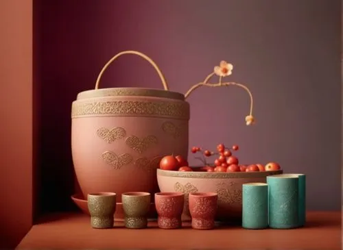 vases, cups and candles on top of a table,terracotta flower pot,copper vase,wooden flower pot,copper jug,clay packaging,vase,Photography,General,Cinematic