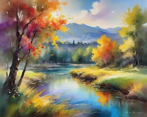 autumn landscape,fall landscape,river landscape,watercolor background,autumn background,landscape background,autumn mountains,autumn scenery,watercolor,nature landscape,autuori,autumn morning,painting technique,autumn day,landscape nature,autumn idyll,meadow in pastel,colors of autumn,watercolor tree,world digital painting,Illustration,Paper based,Paper Based 11