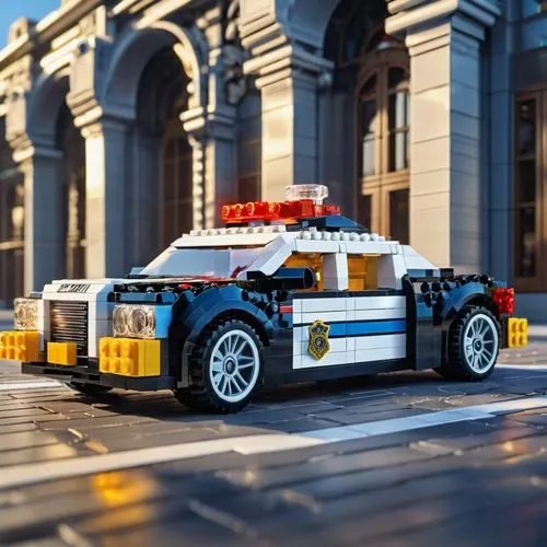 Lego police car, sleek design, bold colors, flashing lights, sirens, muscular wheels, detailed chassis, shiny metal, reflective surface, dynamic pose, speeding motion, city street, urban background, s