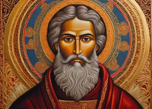 Creation icon, Orthodox, golden halo, intricate Byzantine patterns, ornate details, majestic bearded face, wise eyes, gentle smile, holy robe, crimson cloak, golden epaulets, lavish embroidery, rich v