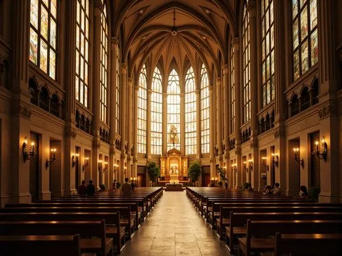 Sacred cathedral, stunning stained glass windows, warm golden light, soft diffused illumination, serene atmosphere, ornate wooden pews, grandiose ceilings, intricate stone carvings, majestic pipe orga