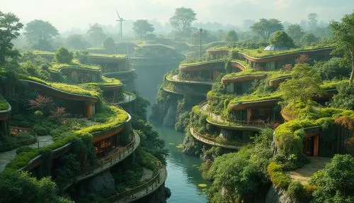 ecotopia,shaoming,rivendell,fantasy landscape,futuristic landscape,elves country,ancient city,fantasy city,terraces,moss landscape,shangrila,uzak,kashyyyk,aurora village,kinkade,green valley,chengdu,hezhou,qingcheng,huzhou,Photography,General,Realistic