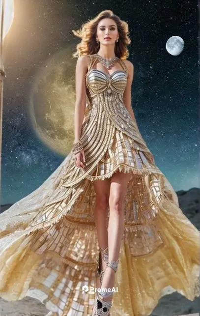 galaxy with moon in background,evening dress,image manipulation,fantasy picture,celtic woman,miss circassian,gold foil mermaid,digital compositing,fashion design,aphrodite,fantasy woman,celtic queen,p