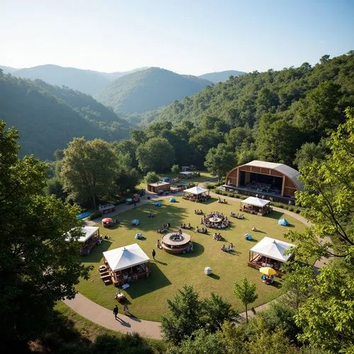 Vibrant music festival grounds, lush green hillsides, natural amphitheater settings, scenic overlooks, wooden stage structures, eclectic art installations, colorful tents, food truck gatherings, livel