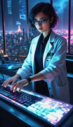 girl at the computer,cyberpunk,women in technology,female doctor,cyber glasses,computer freak,computer art,night administrator,computer game,computer,computer desk,desktop computer,computer business,blur office background,computer science,computer graphics,computer program,computer icon,dj,midi,Illustration,Black and White,Black and White 08