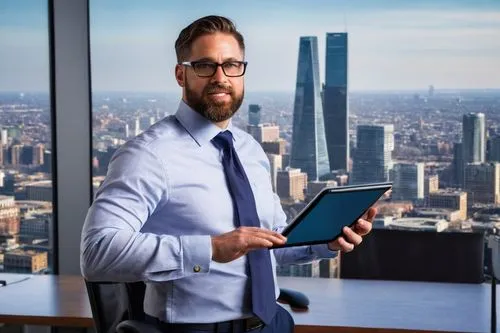 Middle-aged man, Chad Webre, director of architectural design, Freshii, standing, confident posture, black glasses, short brown hair, trimmed beard, white dress shirt, dark blue suit, silver tie clip,