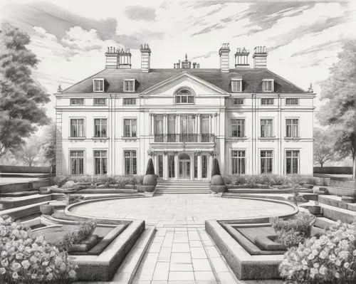 ritzau,house drawing,garden elevation,manor,highgrove,champneys,chateau,dumanoir,clandon,bendemeer estates,rosecliff,palladianism,mansion,nymphenburg,cholmondeley,würzburg residence,estates,roestel,babington,schleissheim palace,Illustration,Black and White,Black and White 30