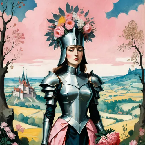 couple of woman in medieval dress with high cap headdress and knight in armor with open visor holding bouquet of flowers standing next to each other, storybook illustration, Terry Oakes, tumblr, forma