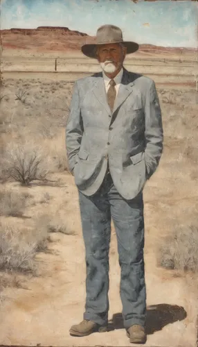 "Noonday sentinel (sold), 36"" x 60"", oil impasto on canvas. 2013. Painted on-site in Nambe, NM.",mesquite flats,advertising figure,john day,standing man,man with a computer,elderly man,gunfighter,se