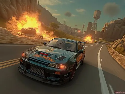 screenshot from playstation 2 game called "burnout 3",the car is driving down the highway with flames in the air,burnout fire,motorstorm,carmageddon,rallying,racing road,hillclimb,fireforce,ghost car 