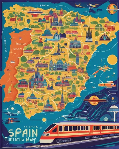 spain,españa la bella,travel poster,balearic islands,costa brava,catalonia,barcelona,the balearics,travel map,palma de mallorca,seville,galician,valencia,mallorca,balearica,international trains,spanish,alano español,ibiza,palma,Conceptual Art,Oil color,Oil Color 14