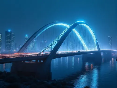 Futuristic bridge design, sleek metal arches, cable-stayed systems, suspension towers, cantilevered sections, geometric latticework, iridescent LED lighting, misty atmospheric effects, dramatic nightt