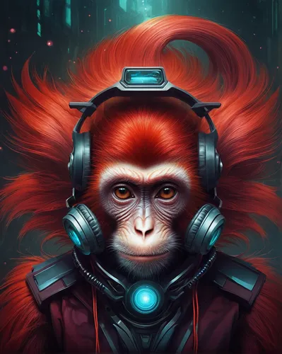 Imagine a futuristic world where red monkeys are highly advanced creatures with telepathic abilities.,orangutan,primate,gorilla,uakari,monkey soldier,war monkey,monkeys band,barbary ape,mandrill,monke