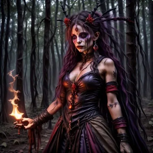 errie vodoo woman, suja de lama  decrepyted, creepy, tribalroots clothes, estrange purple  make-up, red and black custumes in a medieval forest at full moon, fires, ritualm dark creepy night, bloody,h