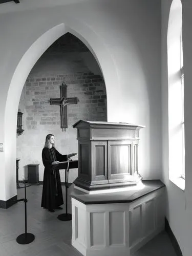 The image depicts a Salvador Dali as a reformed Paul McCartney, dressed in a black gown, stands confidently on the raised pulpit, his muscular arms held tight. The pulpit, once a sacred hymn, now stan