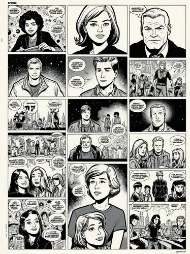 Design a fun comic page for a youth magazine.,the pages of a comic strip with several faces,retro cartoon people,storyboards,comic characters,satrapi,cartoon people,komiks,Illustration,Vector,Vector 1