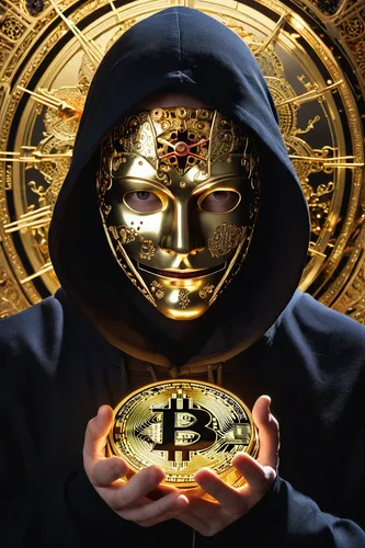 satoshi nakamoto, eyes wide shut gold mask and a black hoodie, genesis block of bitcoin, cryptography and computer science, stylometric analysis, butoh technomancy, holding cronos ornated clock,disapp