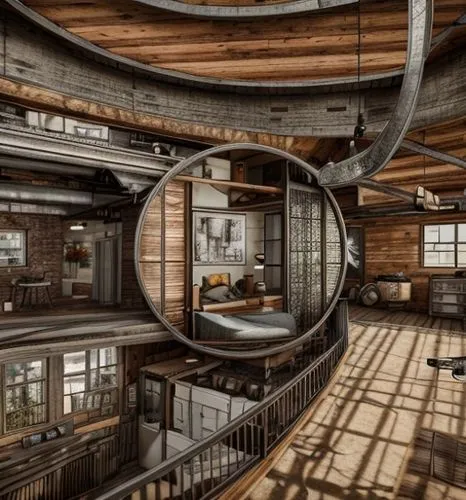 loft,modern office,penthouse apartment,circular staircase,spiral staircase,abandoned factory,panopticon,industrial design,wooden construction,spiral stairs,winding staircase,creative office,empty fact