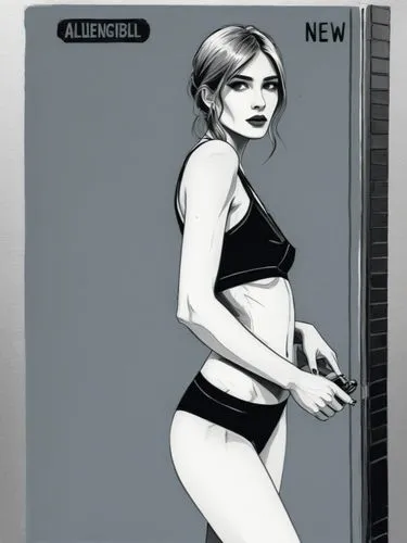 A rather self-absorbed woman from Paris.,a black and white illustration of a woman in a bikini top,bulletgirl,digipak,alexisonfire,palmiotti,jill,cd cover,Illustration,Vector,Vector 06