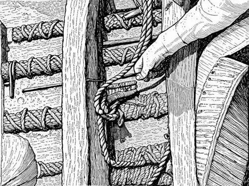 a man tying rope on a wooden dock,rope detail,dendrochronology,basket fibers,tire profile,rope ladder,pulleys,Design Sketch,Design Sketch,Black and white Comic