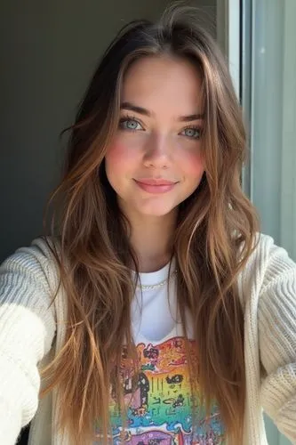 

The image is a vibrant and artfully composed selfie taken by an amateur photographer, showcasing the natural beauty of a young woman. The girl has long, chestnut brown hair that tumbles down her bac