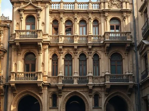 Ornate Renaissance palazzo, varied window arrangements, arched openings, columned frames, ornamental pediments, intricately carved stonework, balconies with ironwork railings, asymmetrical facades, mu