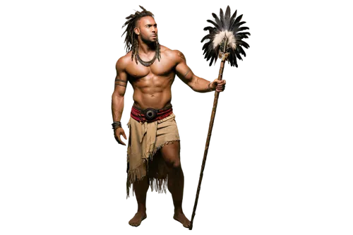 Tribal warrior, male, muscular, African ethnicity, fierce facial expression, painted tribal marks on face, dreadlocks hairstyle, feathered headdress, bare chest, ripped muscles, tribal tattoos on arms