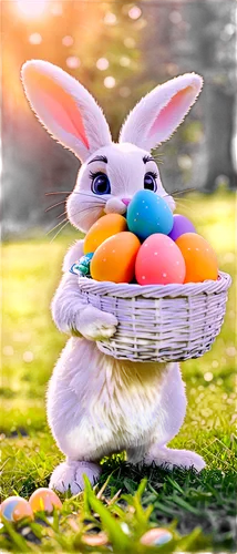 Easter egg, colorful, shiny, detailed texture, basket filled with eggs, cute rabbit, holding eggs, standing on grass, sunny day, warm light, soft focus, 3/4 composition, pastel color tone, whimsical a