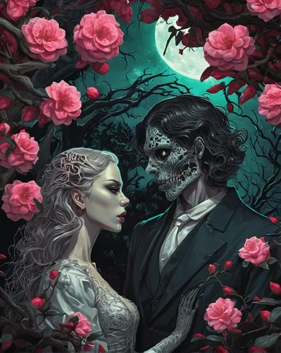 dance of death,dead bride,scent of roses,romantic portrait,masquerade,rosebushes,with roses,way of the roses,gothic portrait,lover's grief,vanitas,memento mori,rosarium,matrimony,wedding couple,digital illustration,days of the dead,silver wedding,the sleeping rose,skull allover,Illustration,Realistic Fantasy,Realistic Fantasy 47