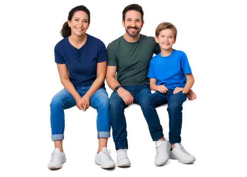 Family portrait, happy smiling faces, mother (30s), father (35s), two kids (6yo, 8yo), casual wear, t-shirts, jeans, sneakers, relaxed posture, leaning on each other, warm natural lighting, soft focus