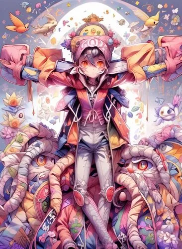 a person standing on top of some elephants,majora,oyugi,digimon,emara,yusaku,yuya