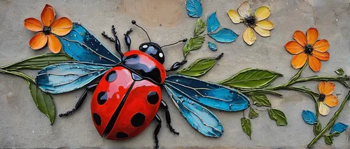 Describe a serene garden with colorful flowers as a ladybird gracefully lands on a delicate petal.,two-point-ladybug,ladybugs,jewel bugs,wall decoration,red bugs,insect house,ladybug,ladybird,street a