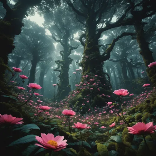 fairy forest,fairytale forest,forest floor,forest anemone,forest of dreams,foggy forest,forest flower,germany forest,enchanted forest,elven forest,forest glade,black forest,forest landscape,holy forest,fairy world,mushroom landscape,forest,sea of flowers,splendor of flowers,pink daisies,Photography,Black and white photography,Black and White Photography 11