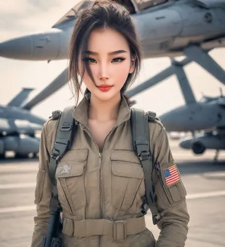 model headshot，Women's Fashion，
American Minimalism,a women military pilot is standing with guns,civilian,servicewoman,usaf,military,airman,kunsan,Photography,Realistic