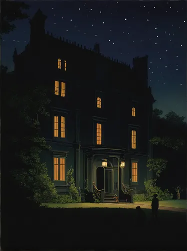 house silhouette,witch's house,witch house,chateau,night scene,ghost castle,house painting,house in the forest,at night,stately home,haunted castle,doll's house,the haunted house,country house,haunted house,nighttime,moonlit night,private house,dandelion hall,nightscape,Art,Artistic Painting,Artistic Painting 30