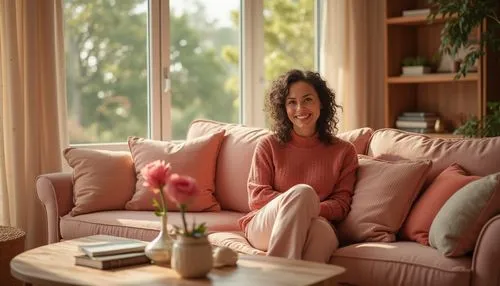 Cozy living room, coral color accents, warm inviting atmosphere, mature lady, 30s, curly hair, soft smile, gentle makeup, comfortable clothing, sitting on a plush couch, coffee table with decorative v