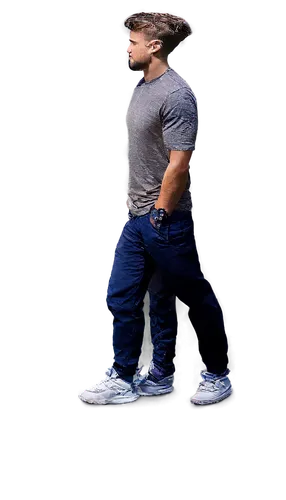 Muscular man, peeing, standing, relaxed posture, athletic build, messy short hair, no glasses, neutral expression, sweatpants, sports shoes, leaning against wall, urban setting, warm lighting, shallow