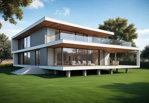 a large white building with two levels in the grass,modern house,3d rendering,modern architecture,renders,revit,arquitectura