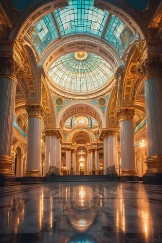 Baroque architecture, ornate details, grandiose scale, curved lines, golden domes, marble columns, intricate carvings, stained glass windows, symmetrical composition, Renaissance-inspired, dramatic li